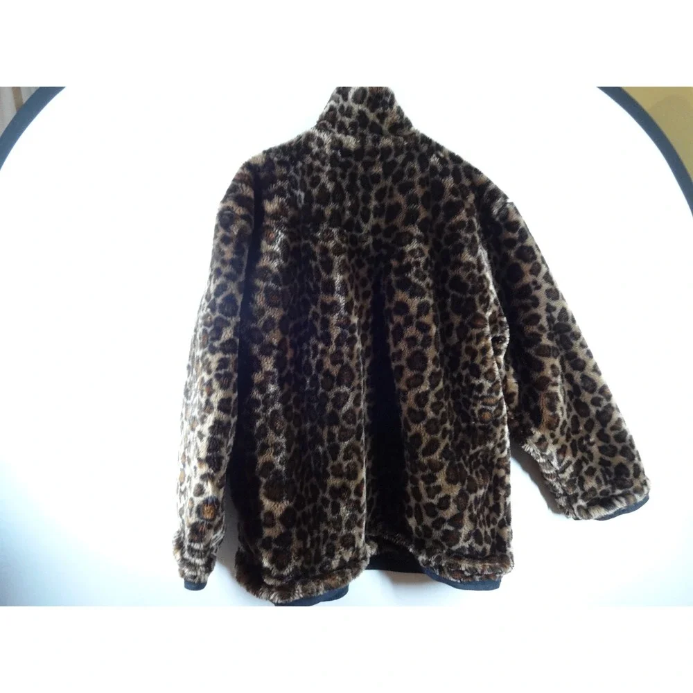 VTG Basic Editions Faux Fur Coat XL/2XL Brown‎ Leopard Print Y2K Zip Up Reverse